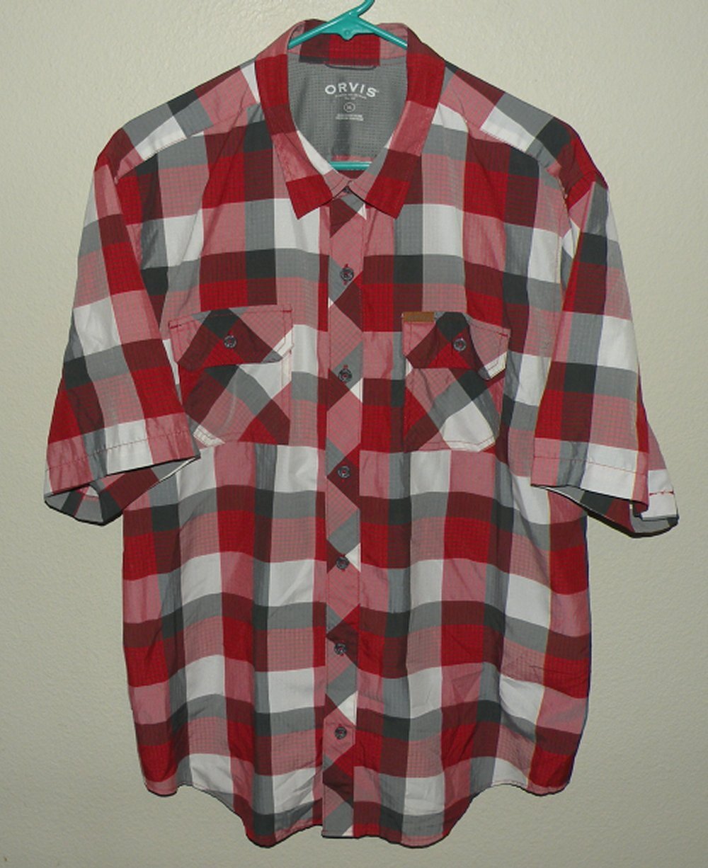 Orvis Men’s XL SS Button Shirt Poly/Nylon Blend Red Plaid
